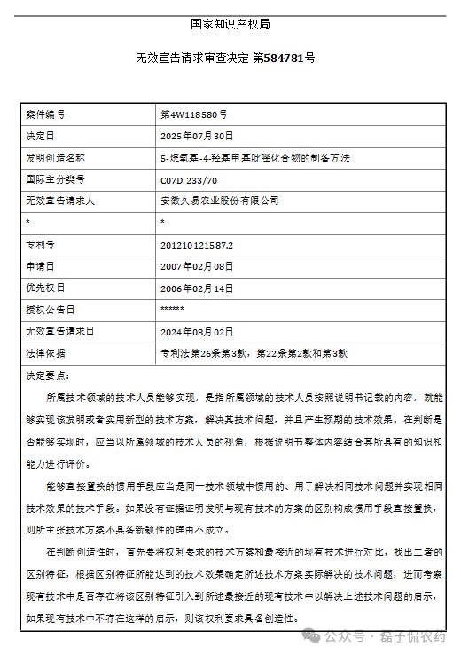 砜吡草唑关键中间体专利维持有效的相关分析