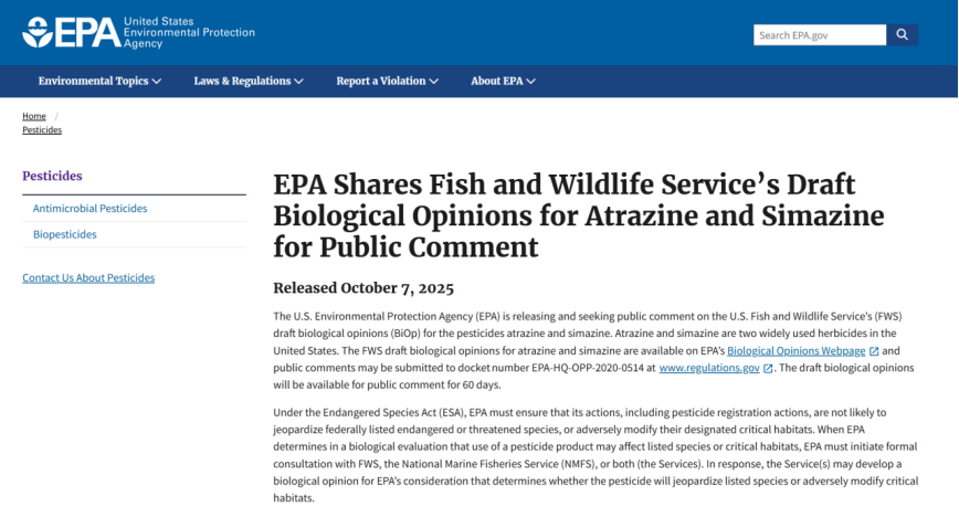 EPA：莠去津、西玛津对多数濒危物种不构成危害