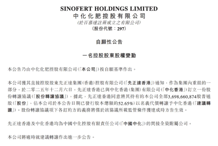 中化化肥控股权变更，或为先正达转港股IPO铺路