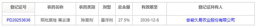砜吡草唑复配方案登记上新，久易股份27.5%砜吡草唑·莠去津SC拿证