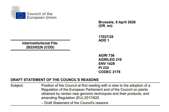 欧盟理事会就新兴基因组技术（NGT）监管提案确立一读立场
