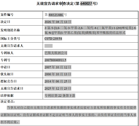 巴斯夫苯嘧磺草胺晶型专利维权胜诉分析