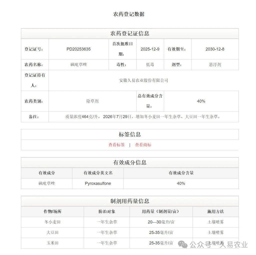 久易股份旗下品牌除草剂成功扩登两大作物