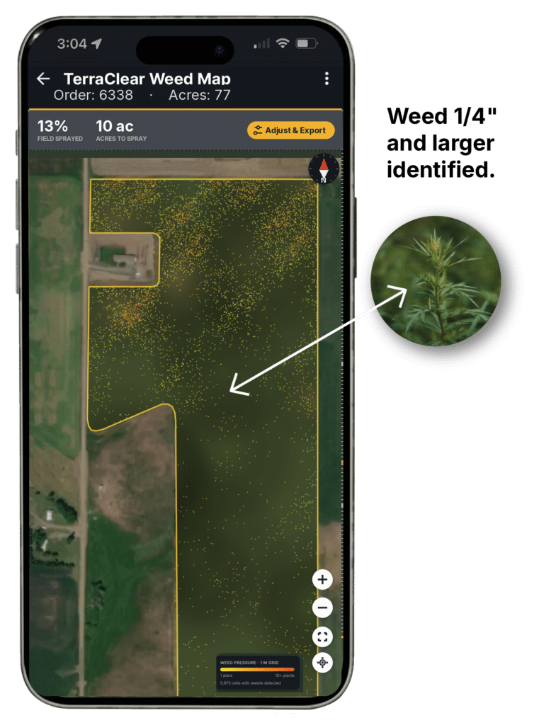 iPhone_Mock_WeedMap_transparent_Callout_BlackText-761x1024.png TerraClear 推出玉米、大豆商业化杂草测绘服务,将四分之一英寸级杂草识别装上喷药机