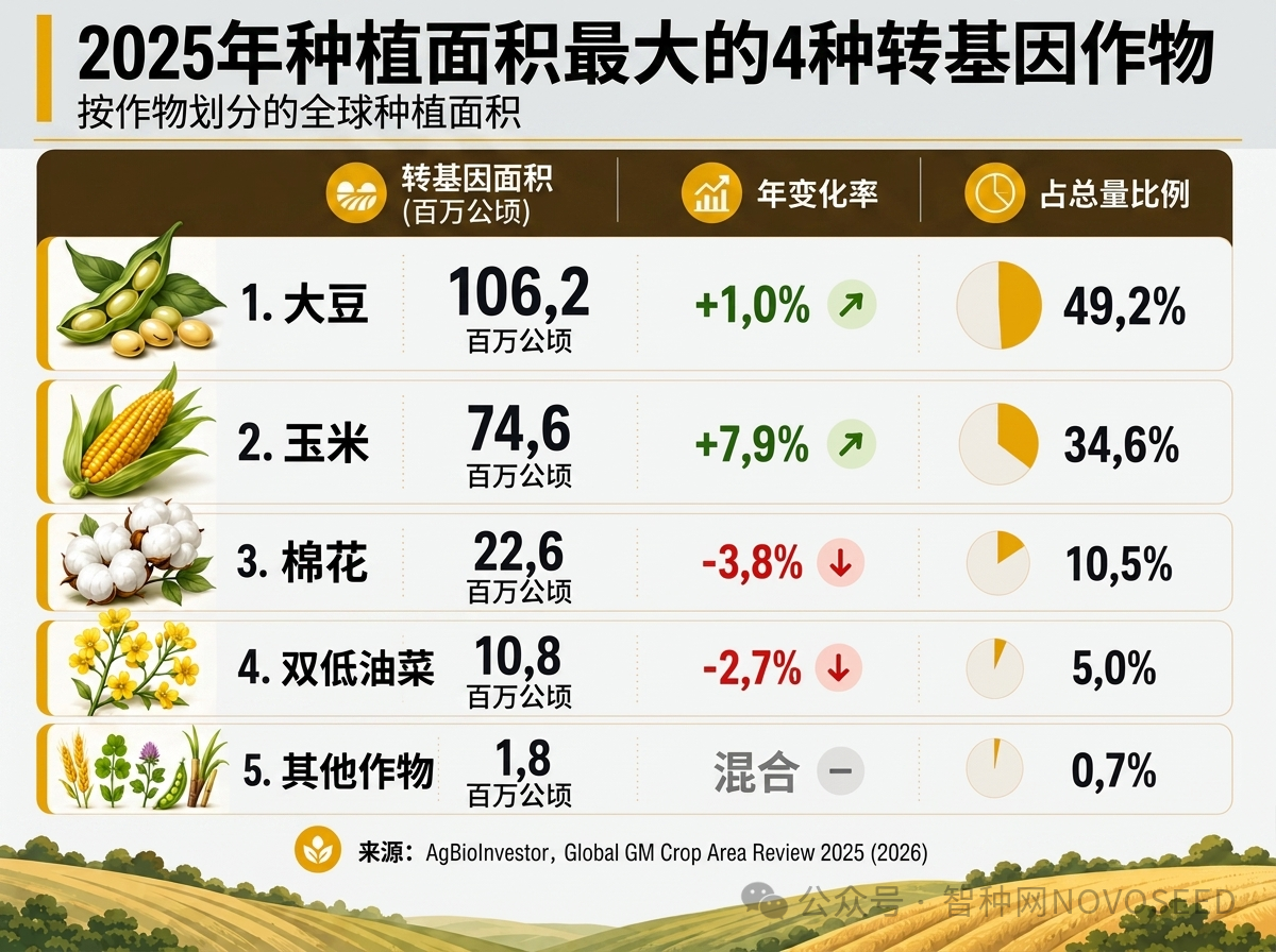 新增530万公顷，全球转基因作物面积达2.16亿公顷